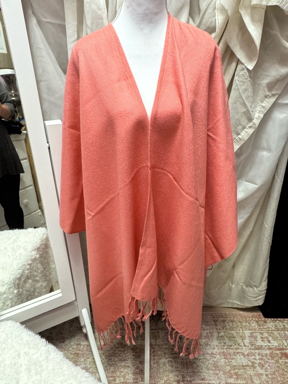 Source Unknown Coral Fringe Open-Front Poncho Sweater